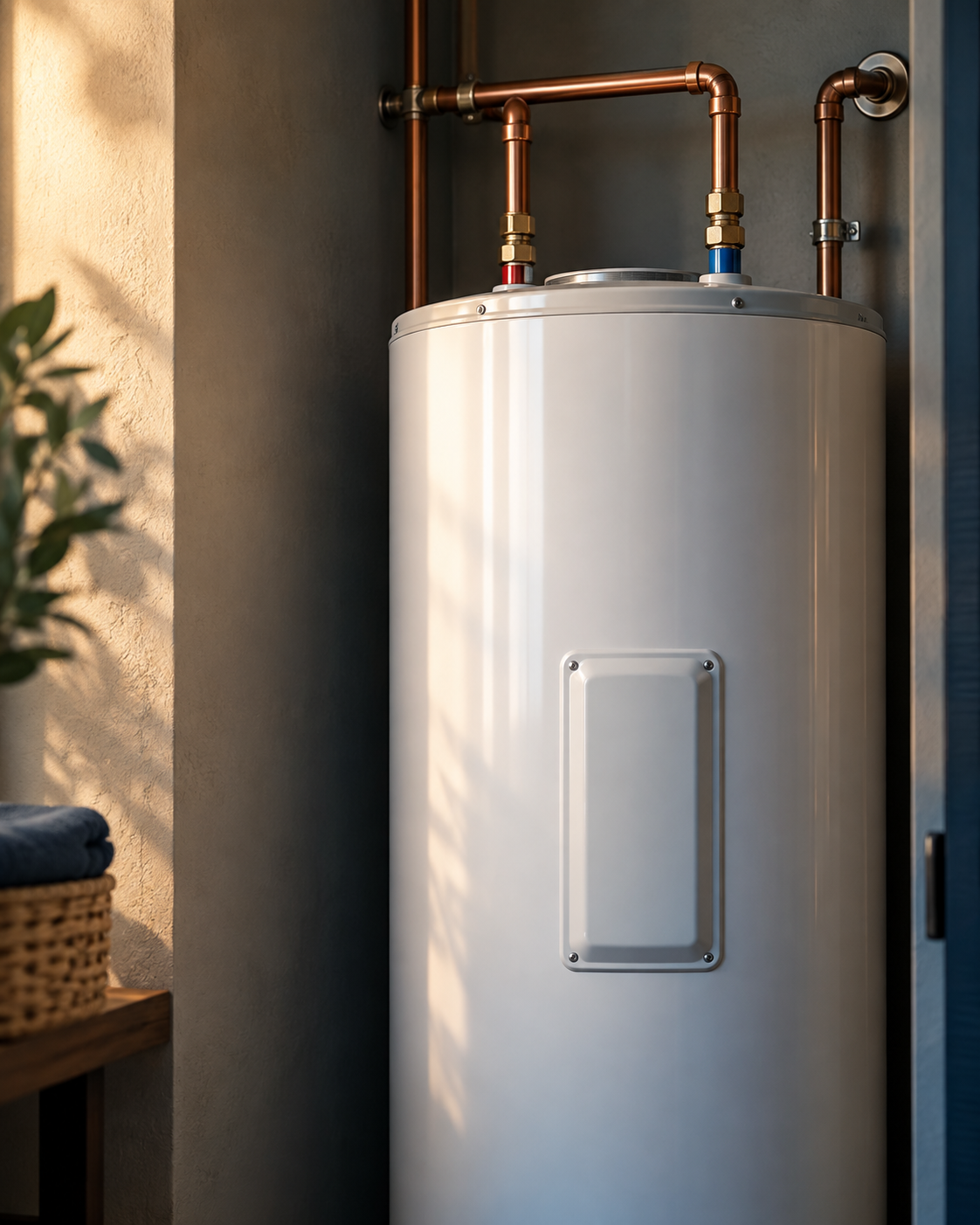 Illustrative residential storage water heater in a utility alcove